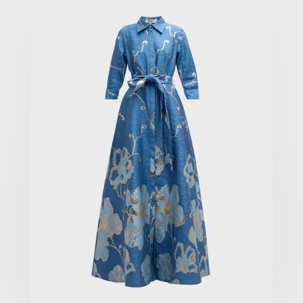 Rickie Freeman Teri Jon jacquard Blue and Gold long Dress mother of bride groom